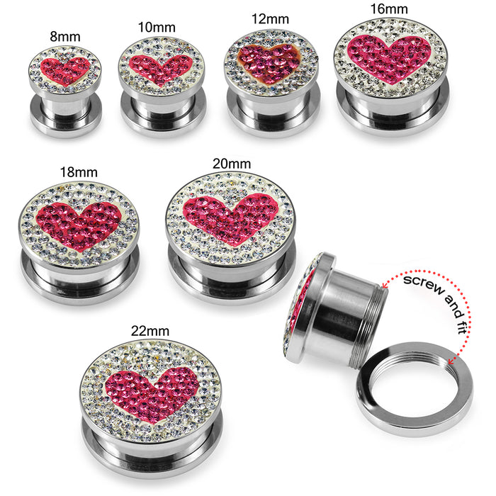 316L surgical steel Fuchsia Heart on Clear Background CZ Jewelled Tunnel