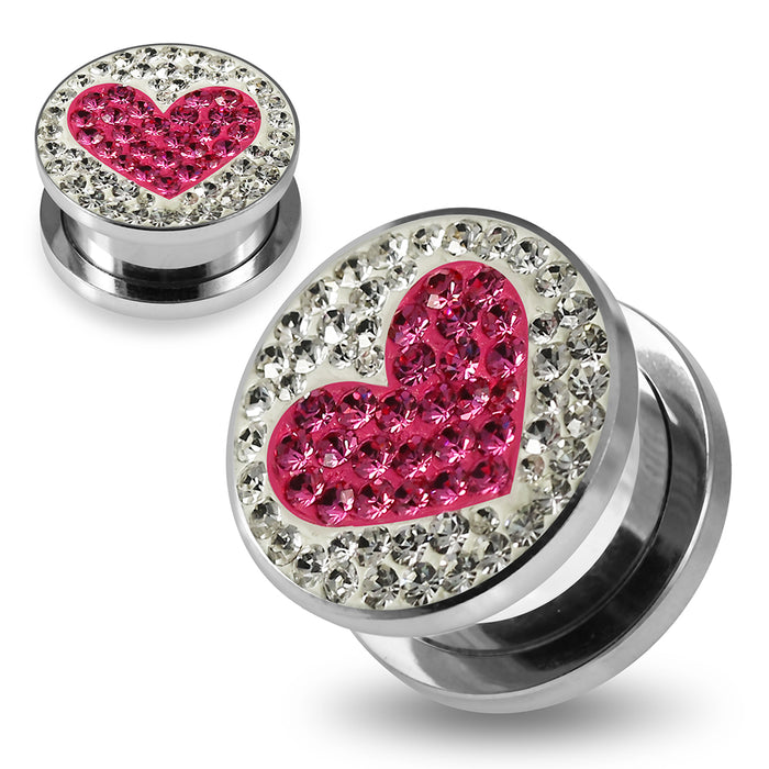 316L surgical steel Fuchsia Heart on Clear Background CZ Jewelled Tunnel