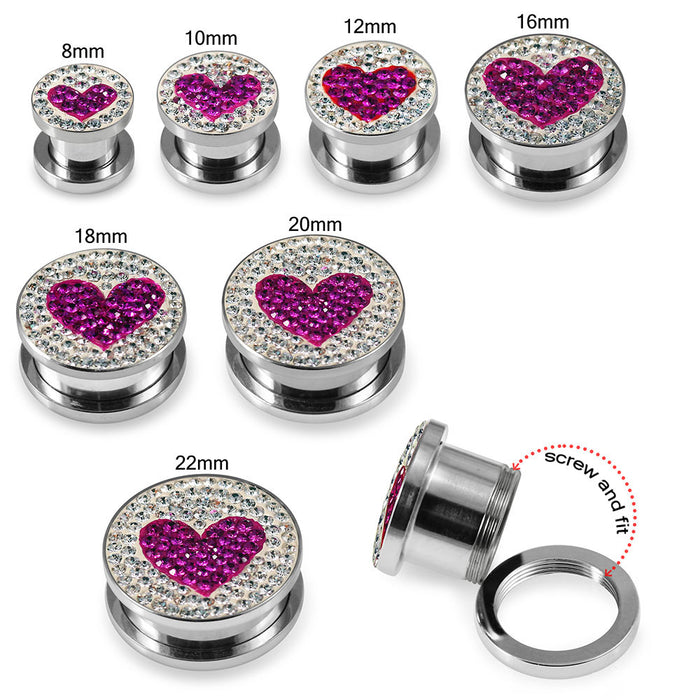 316L surgical steel Purple Heart on Clear Background CZ Jewelled Tunnel