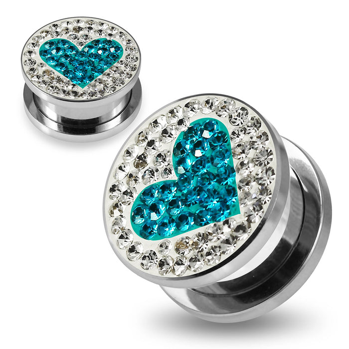 316L surgical steel Blue Zircon Heart on Clear Background CZ Jewelled Tunnel