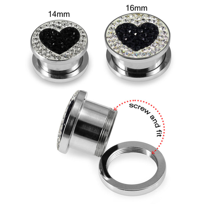 316L surgical steel black Heart on Clear Background CZ Jeweled Tunnel