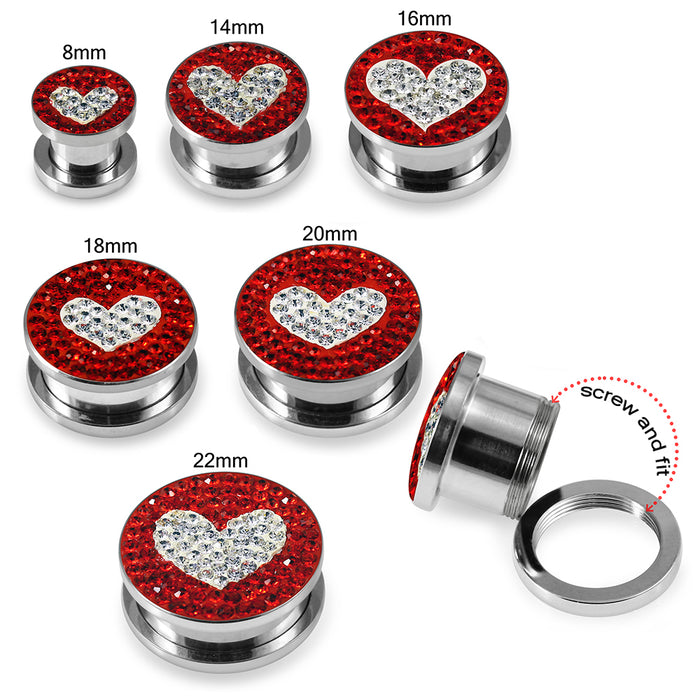 316L surgical steel Clear Heart on Red Background CZ Jewelled Tunnel