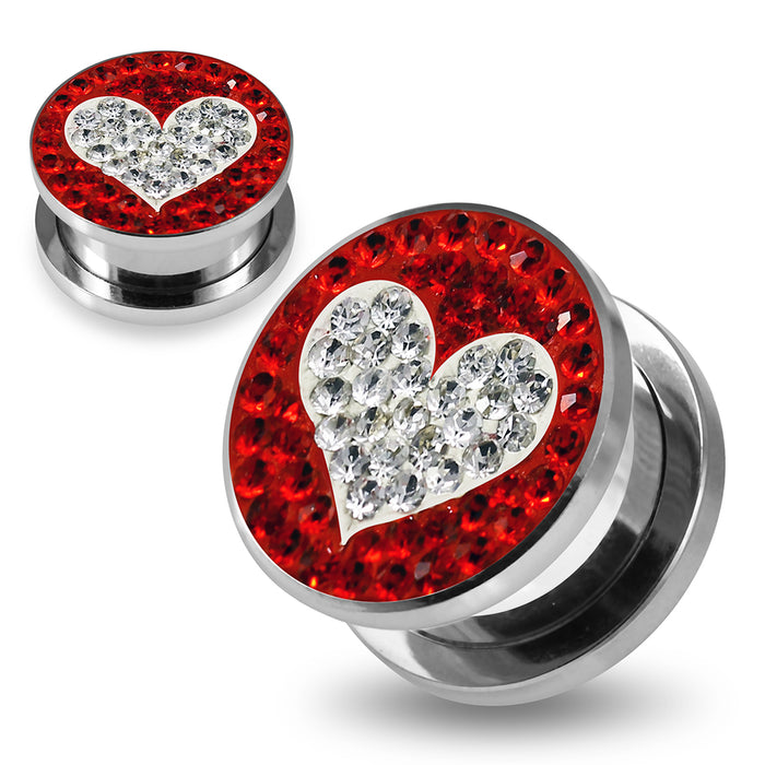 316L surgical steel Clear Heart on Red Background CZ Jewelled Tunnel