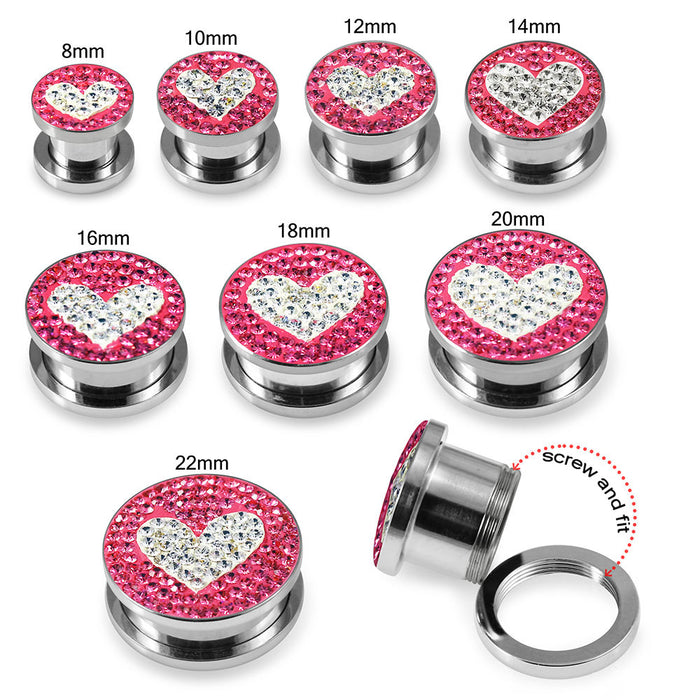 316L surgical steel Clear Heart on Pink Background CZ Jewelled Tunnel