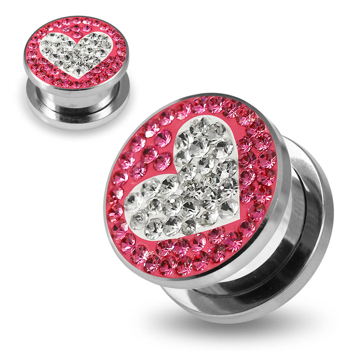 316L surgical steel Clear Heart on Pink Background CZ Jewelled Tunnel