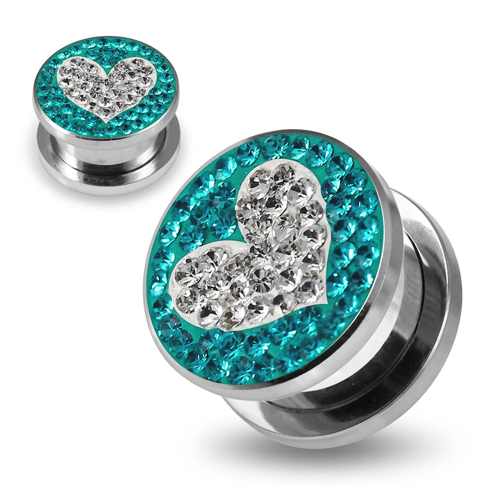 316L surgical steel Clear Heart on Blue Zircon Background CZ Jewelled Tunnel