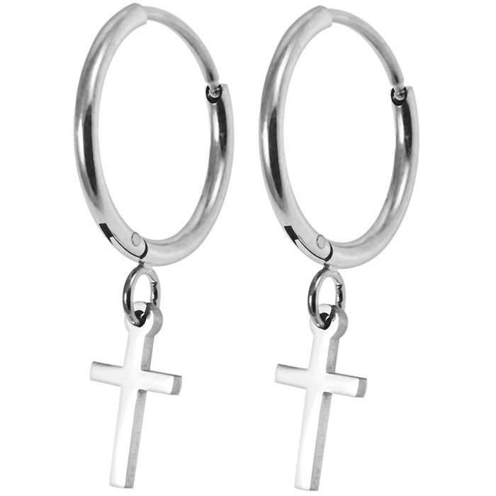 316L Surgical Steel CZ Jewelled Dangling Cross Hinged Earring Pair