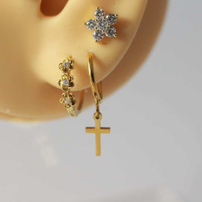 316L Surgical Steel CZ Jewelled Dangling Cross Hinged Earring Pair