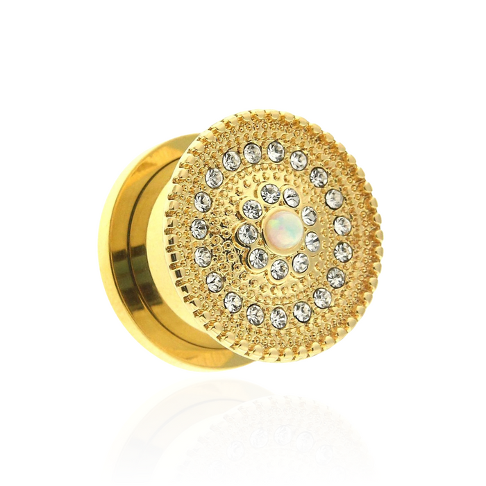 Gold PVD Plated CZ and Opal Studded Ear Flesh Tunnel