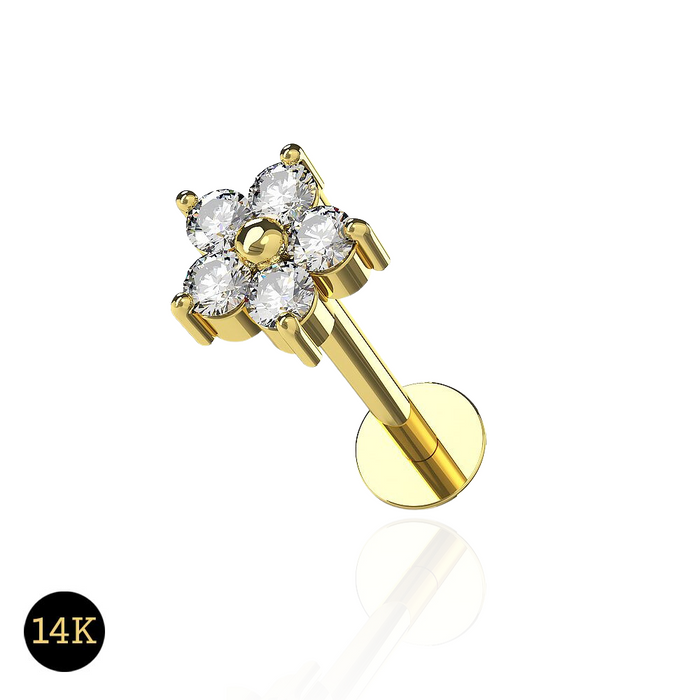 14K Gold Internal Lip Labret with Flower Jewelled Push Fit Top