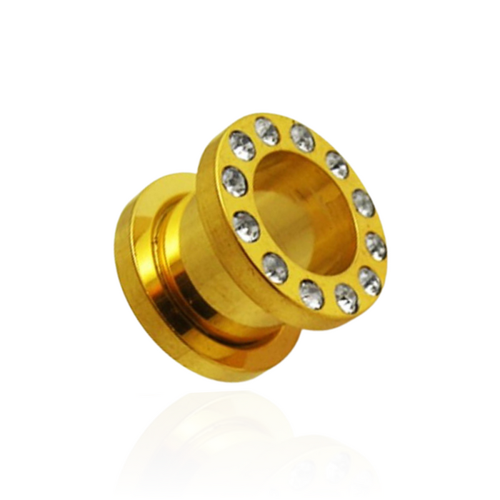 316L Surgical Steel Gold Anodised Screw Fit Jewelled Flesh Tunnel