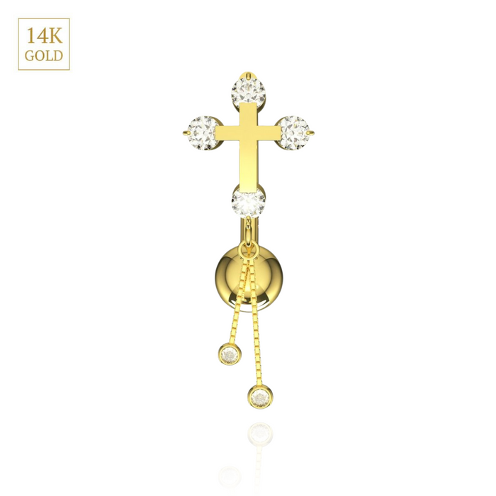 14K Solid Gold Studded Cross Dangler Belly Ring