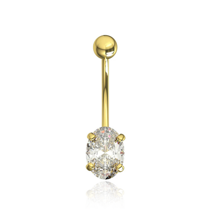 14K Solid Yellow Gold Oval CZ Jewelled Internally Threaded Belly Ring