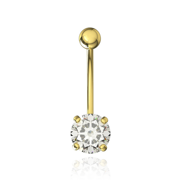 14K Solid Yellow Gold Round CZ Jewelled Internally Threaded Belly Ring