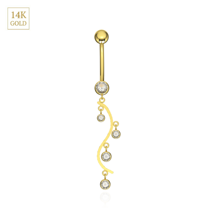 14K Solid Yellow Gold CZ Jewelled Stones Dangling Belly Ring