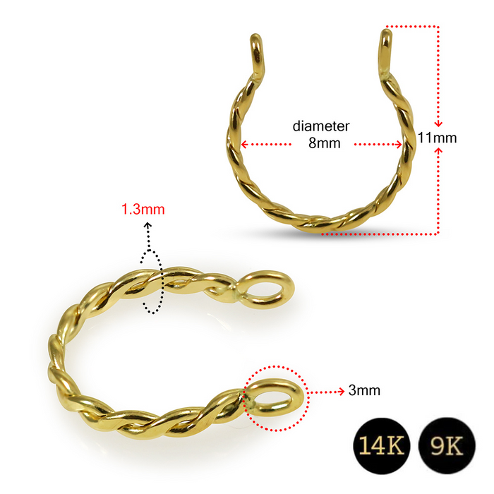 Solid Yellow Gold Twisted Rope Nose Cuff