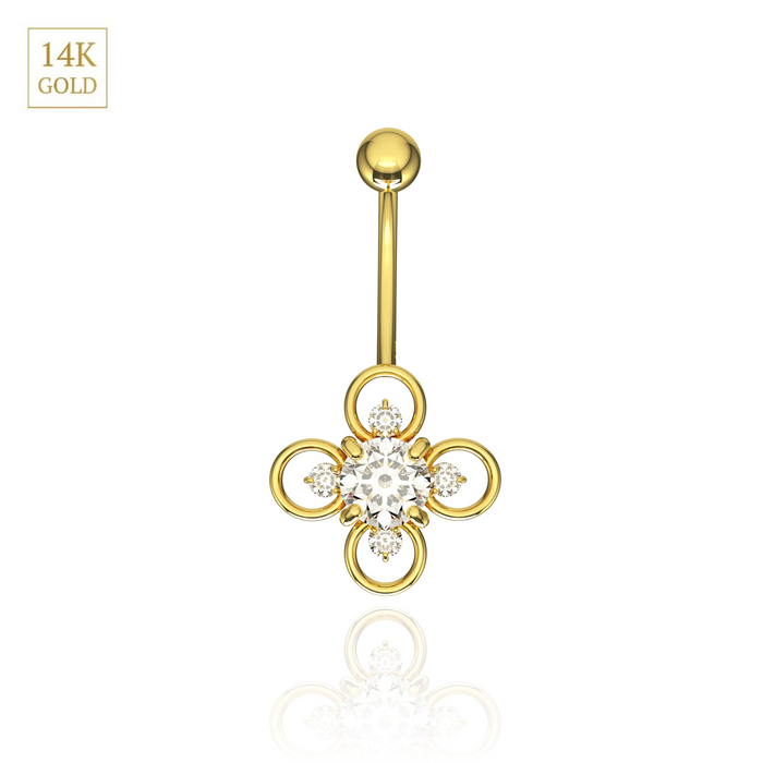 14K Solid Gold Studded Ring Flower Belly Ring