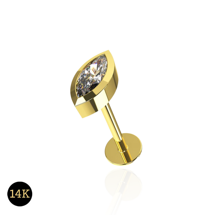 14K Gold Marquise CZ In Bezel Internal Threaded Flat Back Stud