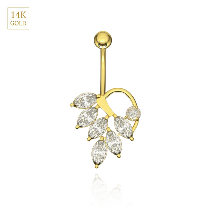 14K Solid Gold Jewelled Leaf Belly Ring