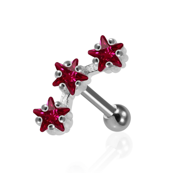 Sterling Silver Tri-Star Jewelled Cartilage Ear Stud