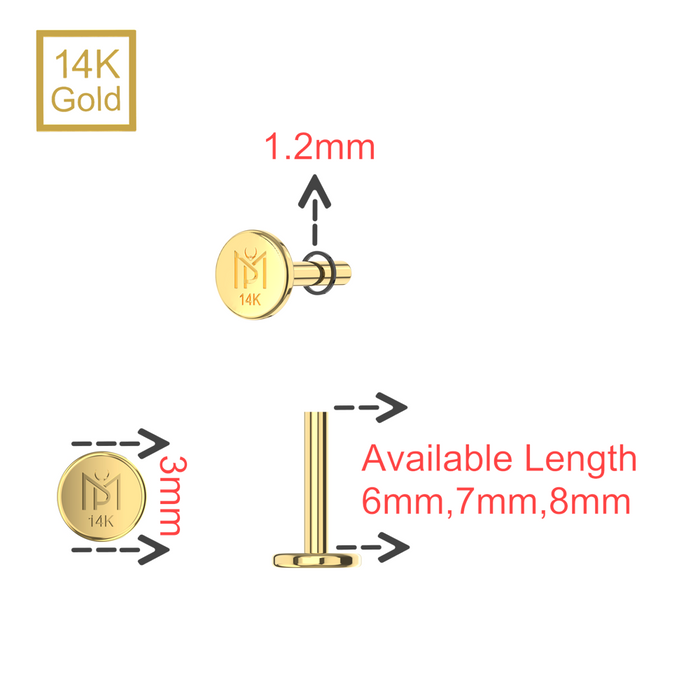 14K Gold Internal Thread Flat Back Labret Bar