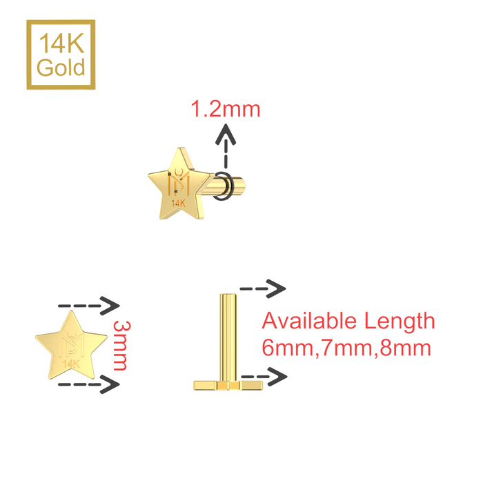 14K Gold Internal Thread Star Back Labret Bar