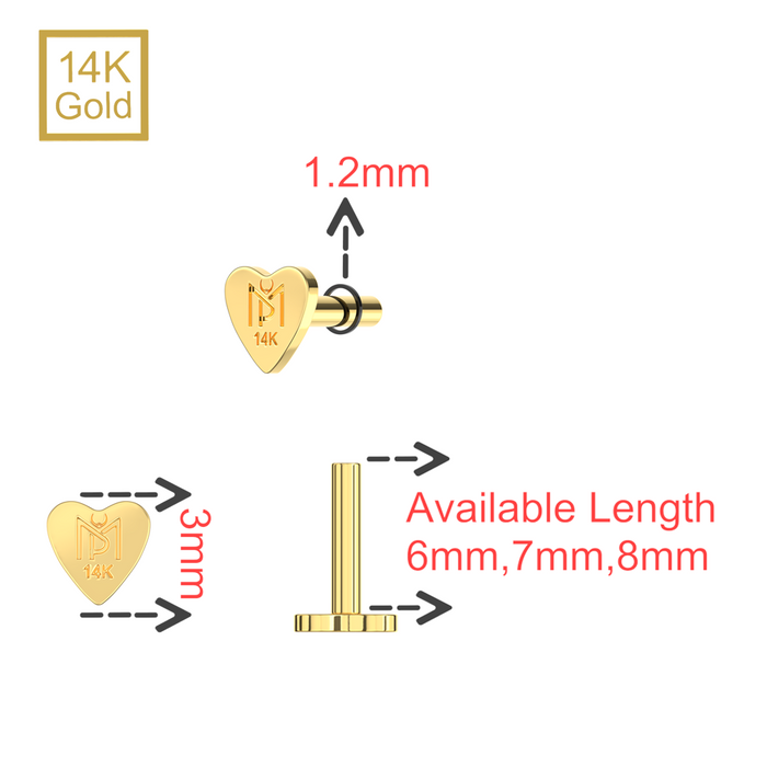 14K Gold Internal Thread Heart Back Labret Bar