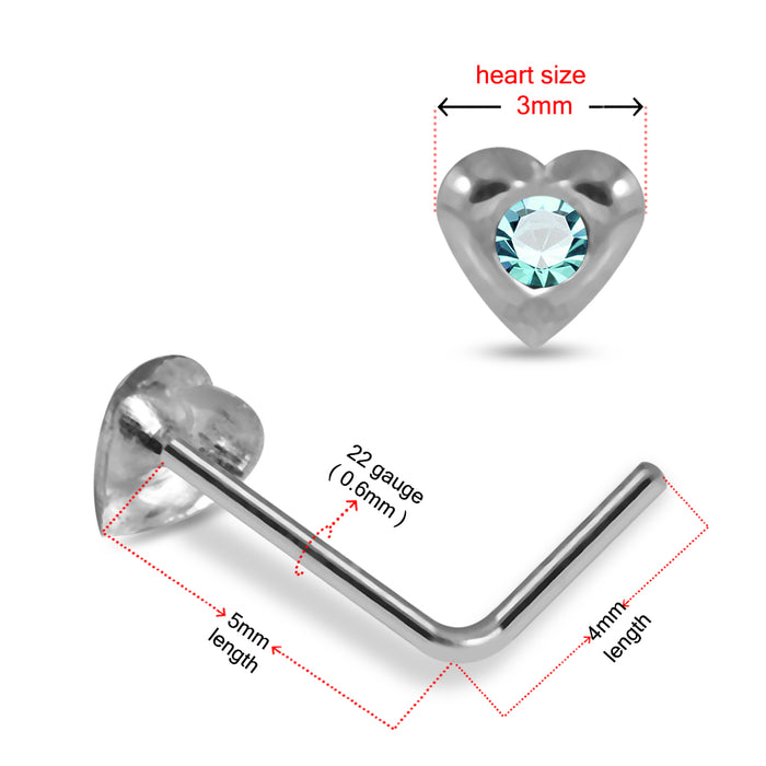 Set of 10pcs 925 Sterling Silver Jewelled Heart L - Bend Nose Stud Box