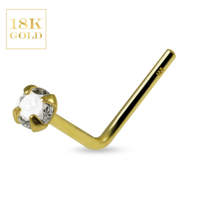 18K Yellow Gold CZ Jewelled L-Bend Nose Stud