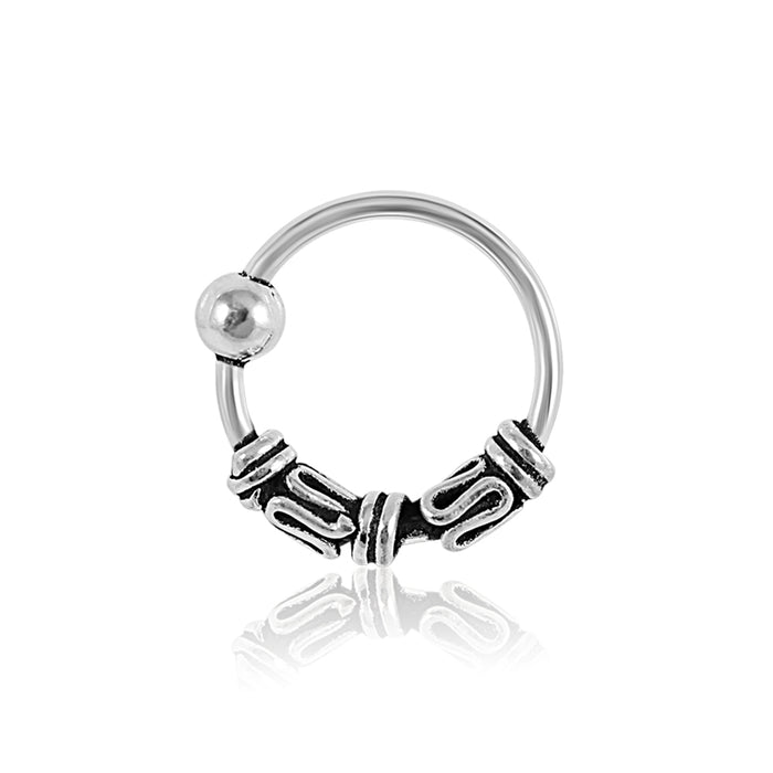 925 Sterling Silver Bali Style Oxidised Center Beaded Tribal Twist Open Nose Ring