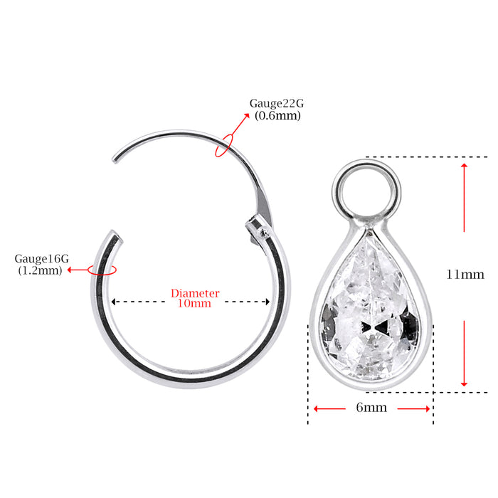 925 Sterling Silver Tear Drop CZ Dangling Fashion Hoop Earring