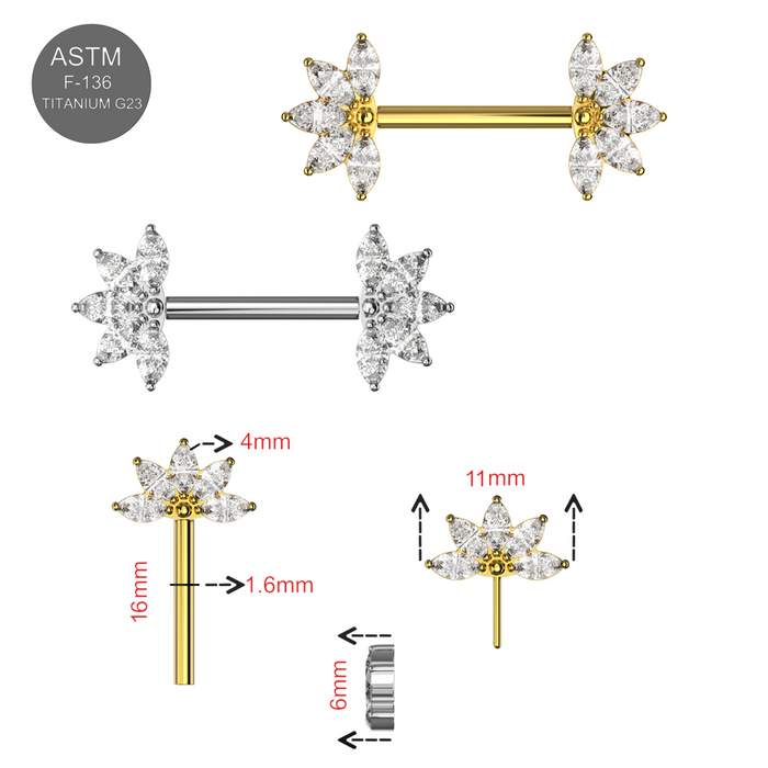 G23 Grade Titanium Marquise CZ Jewelled Fan Threadless Push In Nipple Bar