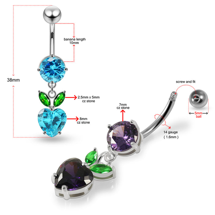 Jewelled Fashion Cherry Heart Navel Belly Piercing