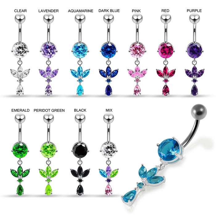 Round CZ Jewelled with Dangling Leaf and Teardrop Belly Piercing