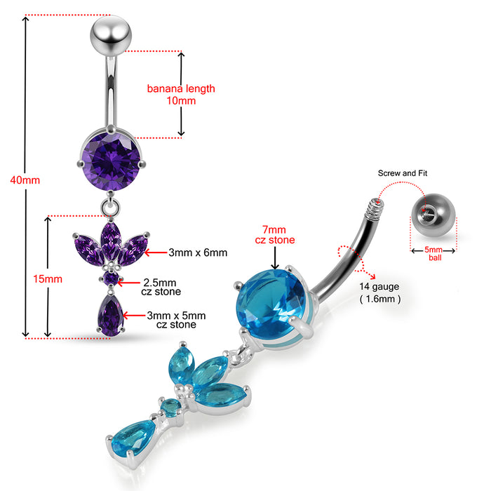 Round CZ Jewelled with Dangling Leaf and Teardrop Belly Piercing