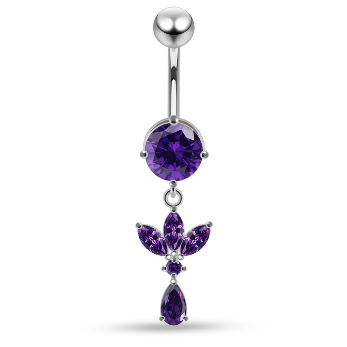 Round CZ Jewelled with Dangling Leaf and Teardrop Belly Piercing