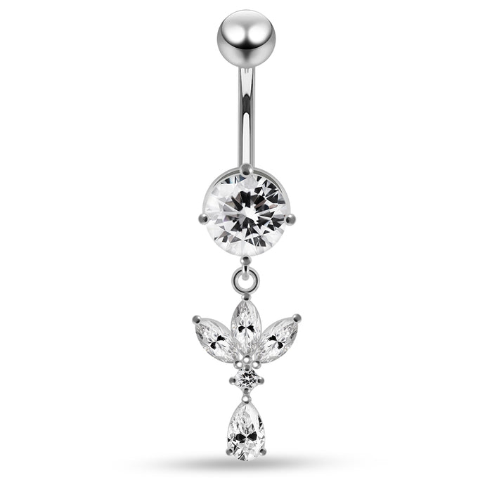 Round CZ Jewelled with Dangling Leaf and Teardrop Belly Piercing