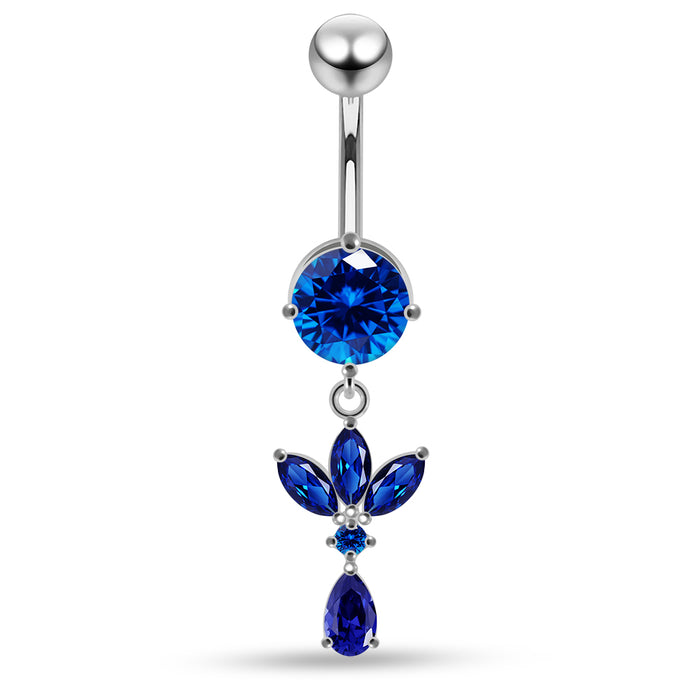 Round CZ Jewelled with Dangling Leaf and Teardrop Belly Piercing