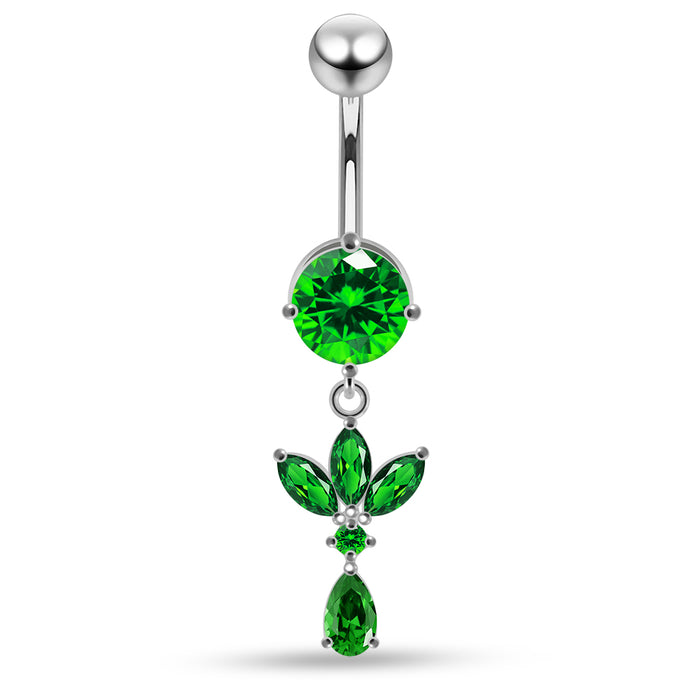 Round CZ Jewelled with Dangling Leaf and Teardrop Belly Piercing