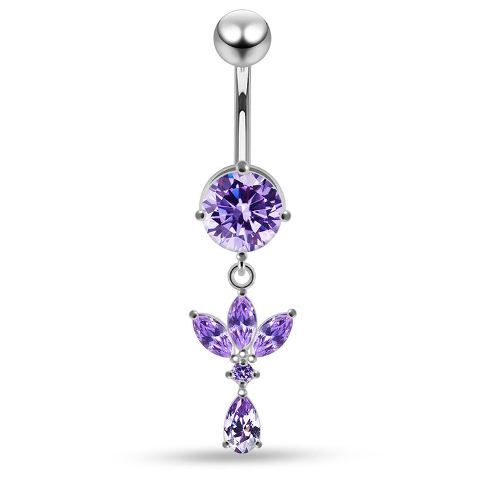 Round CZ Jewelled with Dangling Leaf and Teardrop Belly Piercing