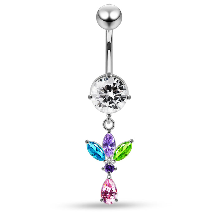 Round CZ Jewelled with Dangling Leaf and Teardrop Belly Piercing