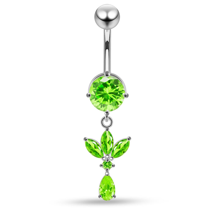 Round CZ Jewelled with Dangling Leaf and Teardrop Belly Piercing