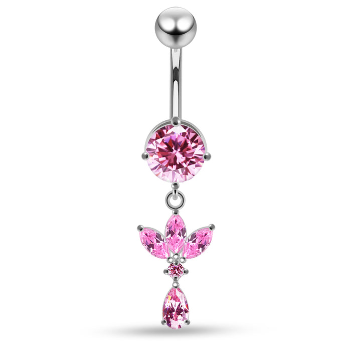 Round CZ Jewelled with Dangling Leaf and Teardrop Belly Piercing