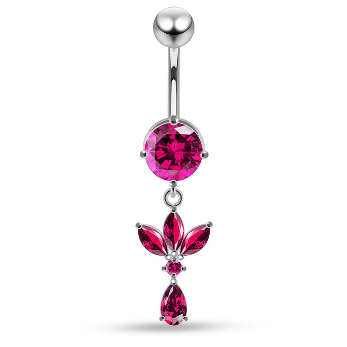 Round CZ Jewelled with Dangling Leaf and Teardrop Belly Piercing