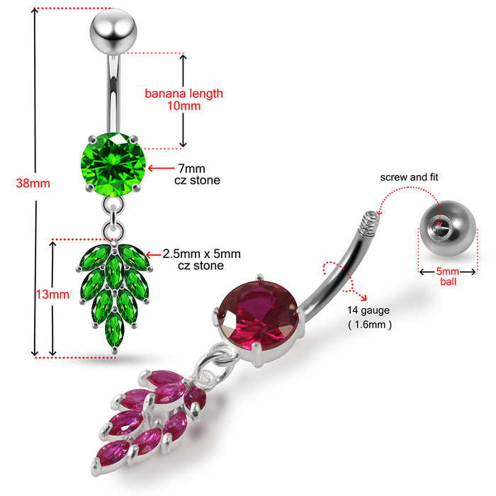 Round CZ Jewelled with Dangling Foliage Belly Piercing