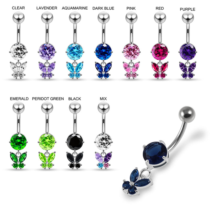 Round CZ Jewelled with Dangling Butterfly Belly Piercing