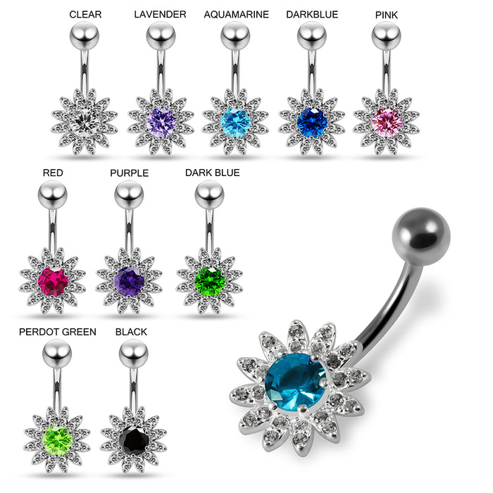 CZ Jewelled Sun Flower Non Dangle Belly Button Ring