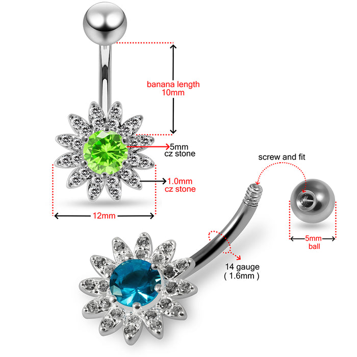 CZ Jewelled Sun Flower Non Dangle Belly Button Ring