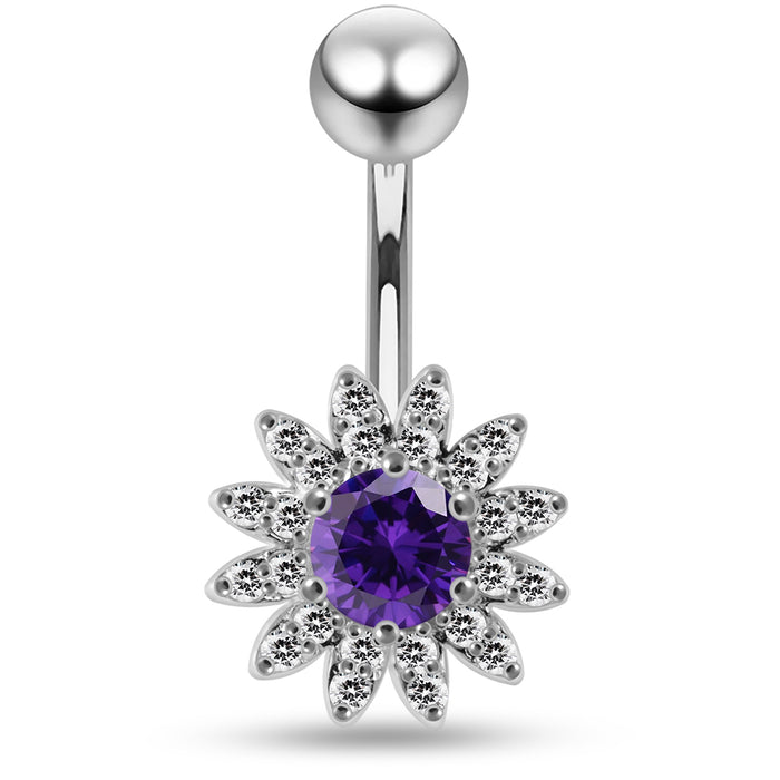 CZ Jewelled Sun Flower Non Dangle Belly Button Ring