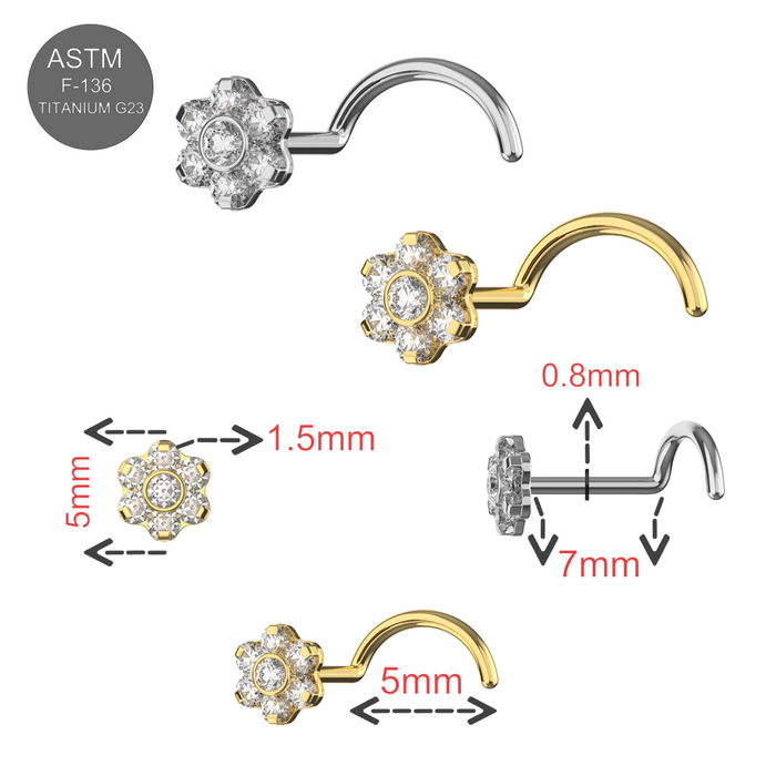 G23 Grade Titanium CZ Jewelled Flower Nose Screw